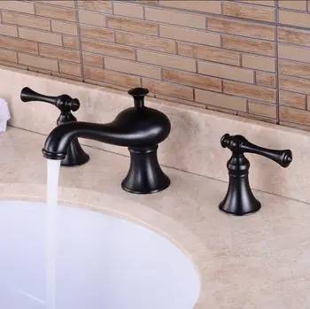 

Free shipping black finish copper high quality material double handle widespread basin faucet sink faucet H1374