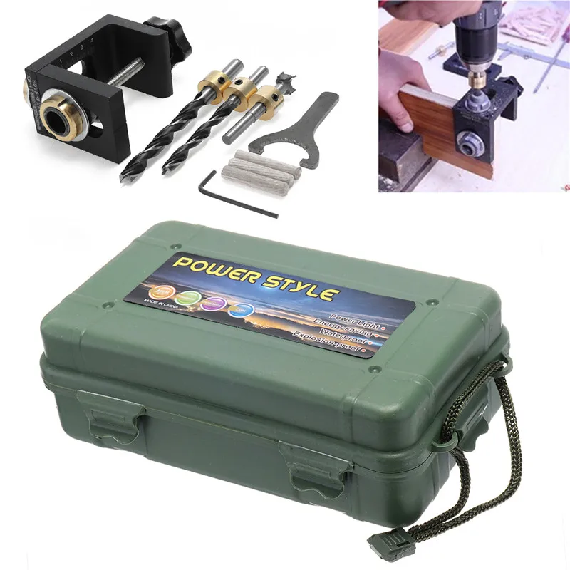 

Woodworking Drill Guide Set Locator Woodworking Pocket Hole Locate Punch Jig Kit + Step Drilling Bit Wood Puncher Tools Set