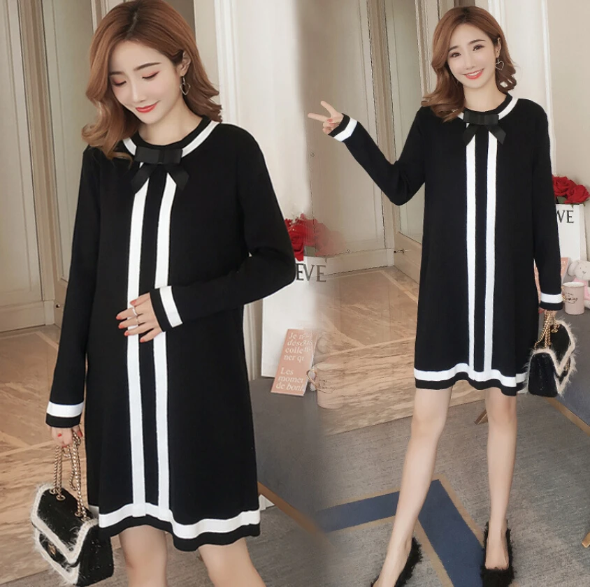 

Autumn Maternity Dress Woman Elegant Dress Pregnant Woman Dress Sweater winter bow tie knit dress loose bottoming shirt