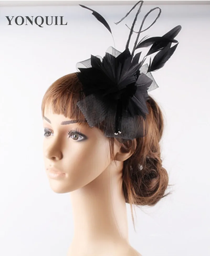 Black feather flower fascinator for women elegant hair clips headwear