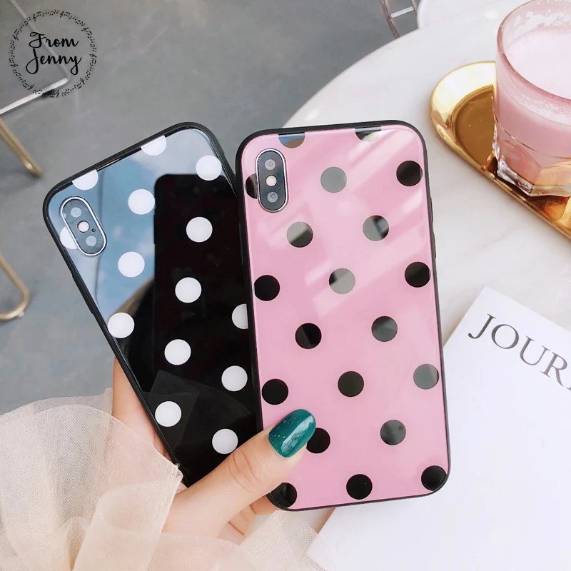 

From Jenny Polka dots Glass Phone Case for iphone X Smooth Mirror Pink words Hard Back Cover for iphone 7 8 6 6S Plus