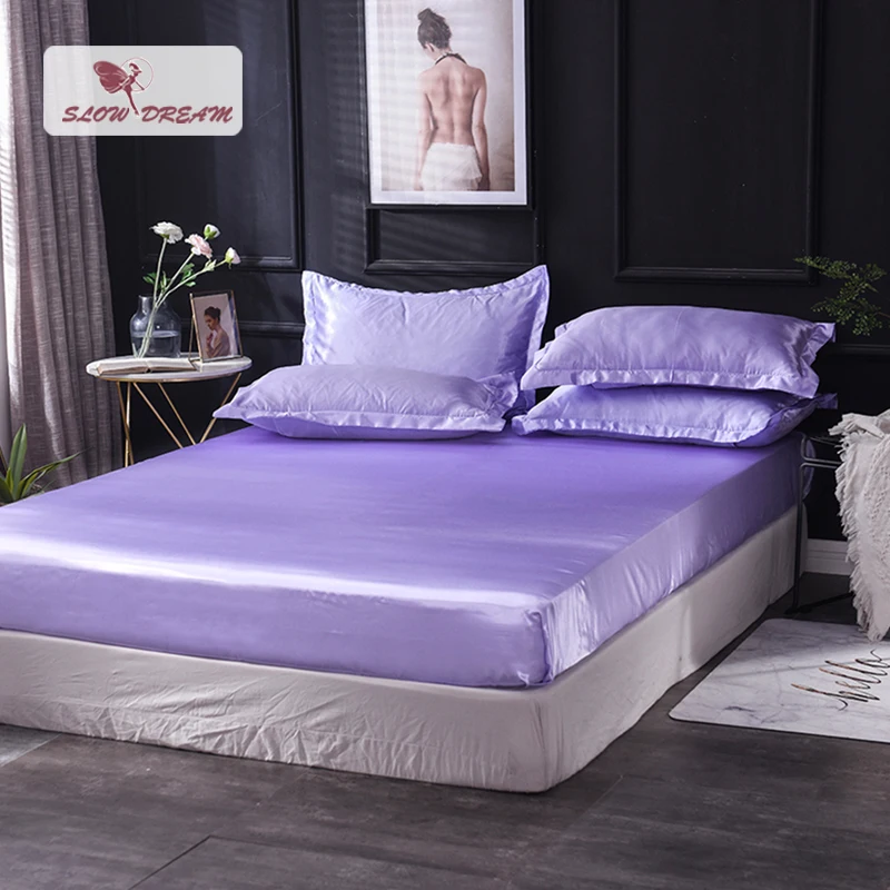 

Slowdream 1 Piece Wholesale Luxury 100% Silk Lilac Fitted Sheet Elastic Band Mattress Cover Queen King Bed Sheets For Women Men