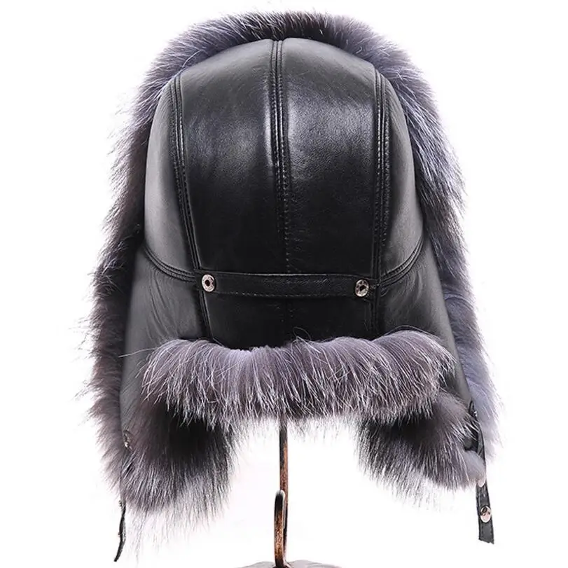 IANLAN Mens Full-pelt Blue Fox Fur Bomber Hats Real Raccoon Fur Earmuffs Hats Winter Outdoor Real Sheep Leather Caps IL00238 bomber crew beanie hat with full face covering