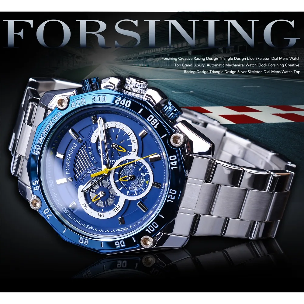 Forsining 2019 جديد الأزرق تصميم كاملة التقويم 3 صغيرة الهاتفي الفضة الفولاذ المقاوم للصدأ التلقائي ساعات آلية للرجال ساعة