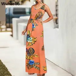 Wuhaobo платье-майка с принтом летнее женское без рукавов Бандажное богемные платья Пляжные сексуальное с v-образным вырезом повседневное