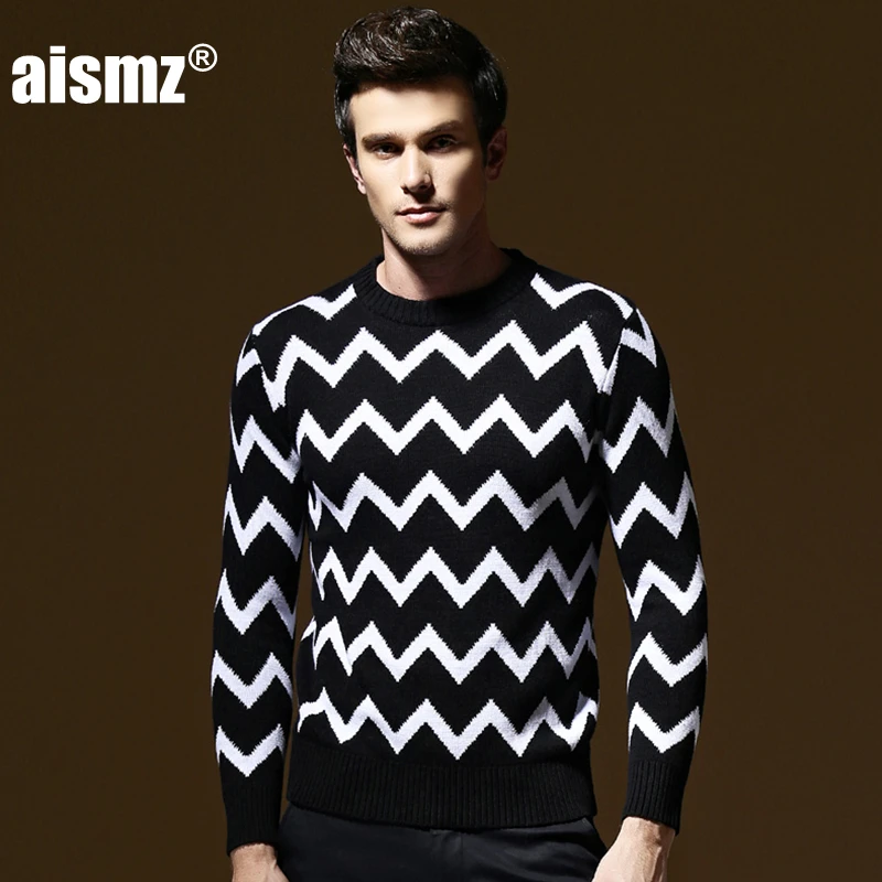 Aismz 2018 Winter Fashion Sweater Wool Cashmere O-neck Striped Slim Fit Knitting Warm Pullover Men Clothes Pull Homme Coats | Мужская
