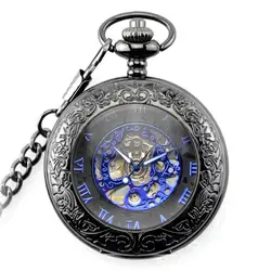 Woonun Античная Скелет синий римские цифры Циферблат черный сплав случае Механический ручной взвод длинные fob цепь часы Для мужчин карманные