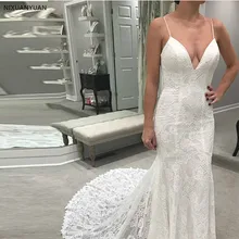 Спагетти ремни белый цвет слоновой кости Vestido De Noiva v-образным вырезом Кружева Часовня Поезд свадебное платье Русалка Стиль Открытый спина свадебные платья