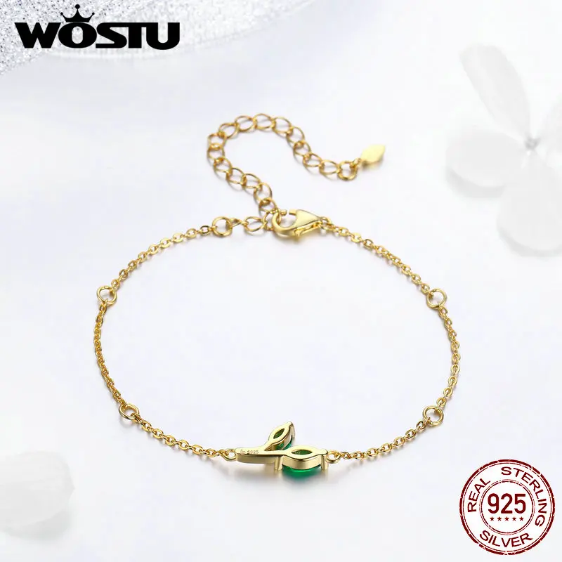 

WOSTU Authentic 925 Sterling Silver & Gold Color Hope's Green Leaves Chain & Link Bracelets For Women Original Jewelry FNB004