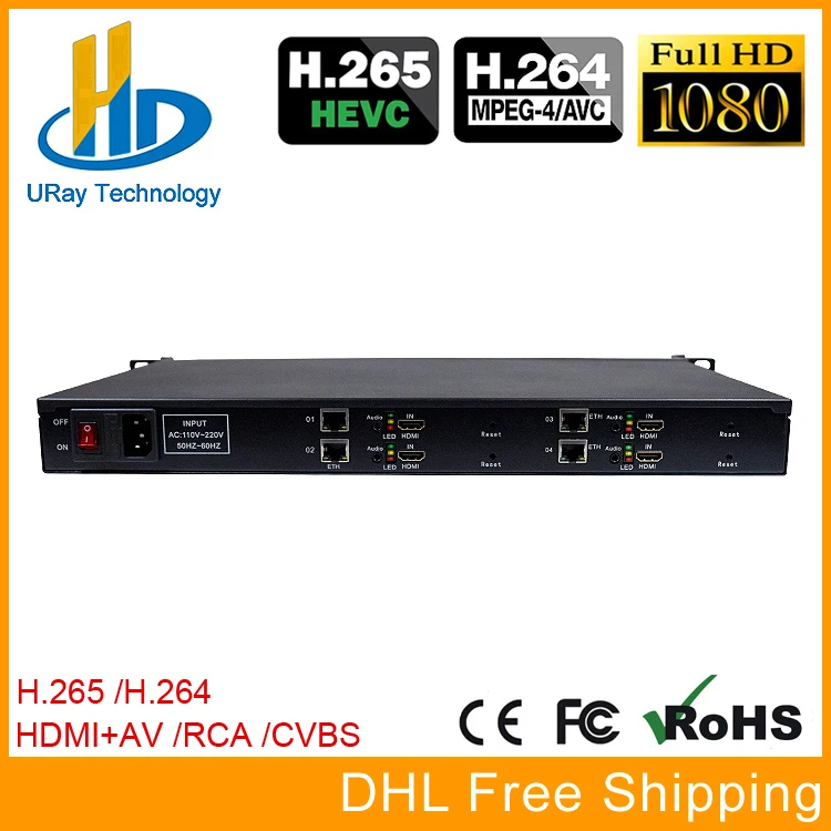 URay HEVC H.265 H.264 1U Rack 4 Channels HDMI + AV CVBS Video Encoder Transmitter Hardware With HTTP UDP RTSP HLS RTMP