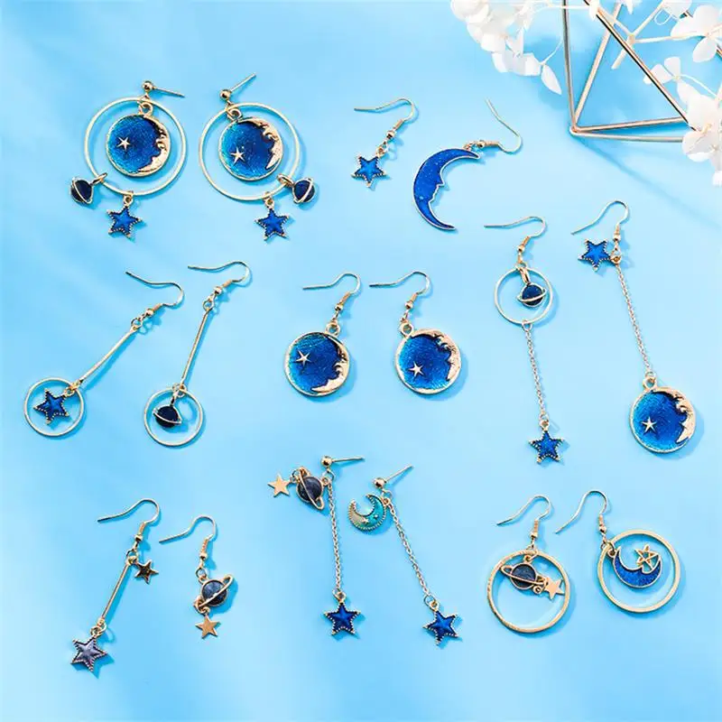 SNUOFO 2018 новые модные серьги в Корейском стиле с голубыми звездами и луной длинные