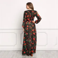 RUBU Summer Womens Long Maxi Dress New Arrival Ladies Boho V-neck Hollow Long Sleeve Split Rose Flowers Tropical Print Dresses