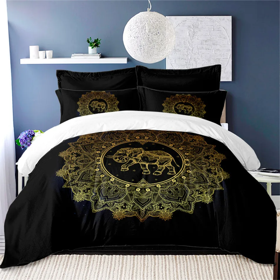 

Elephant Bedding Set Black Duvet Cover Queen King Size Animal Printed Bedspread Gold Bedclothes 3pcs US/AU/RU M2325