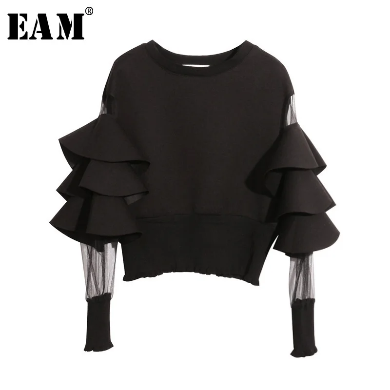 

[EAM] 2019 New Spring Round Neck Long Sleeve Solid Color Gauze Split Joint Loose Sweatshirt Women Fashion Tide JC509