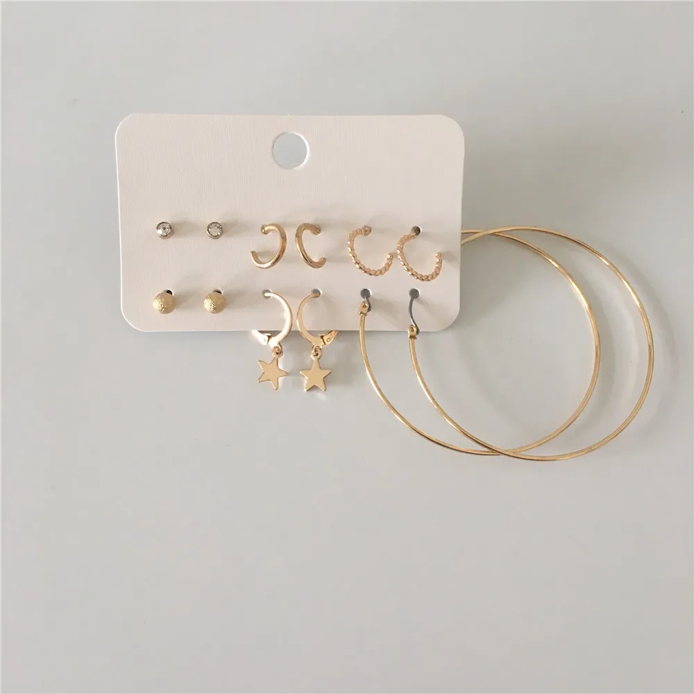 

DAILY WEAR GOLD COLOR PLATING CLEAR STONE BALL STAR HOOP 6 PAIR EARRING SET FOR WOMEN