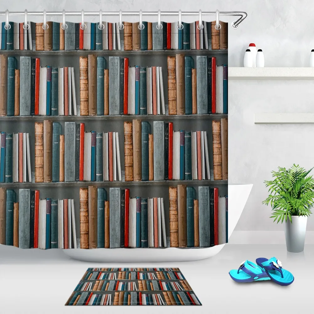 

LB Magic Vintage Books on Bookcase Extra Long Waterproof Shower Curtain with Mat Set Bathroom Polyester Fabric For Bathtub Decor