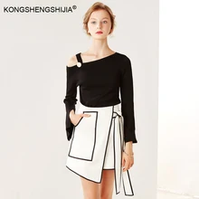 Ассиметричный дизайн контрастные черно-белые цветные боковые карманы повседневные трапециевидные женские короткие мини-юбки 6459