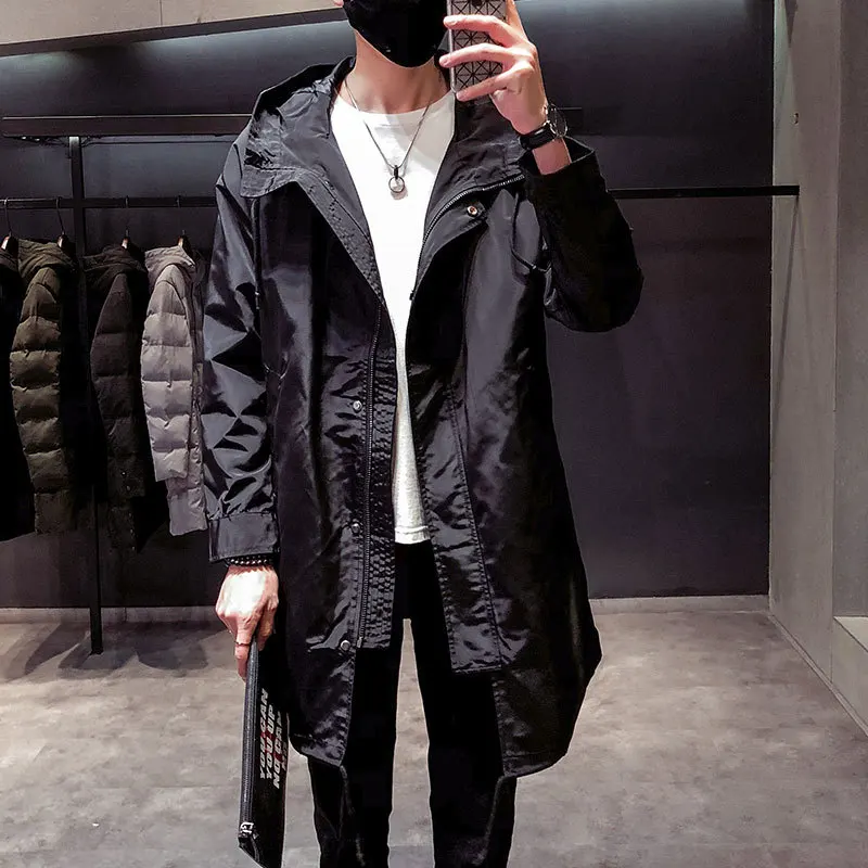 Trench Coat Men Fashion Black Army Green Casual Slim Large Size Windbreaker Winter New Trend Streetwear Hooded Long Jacket