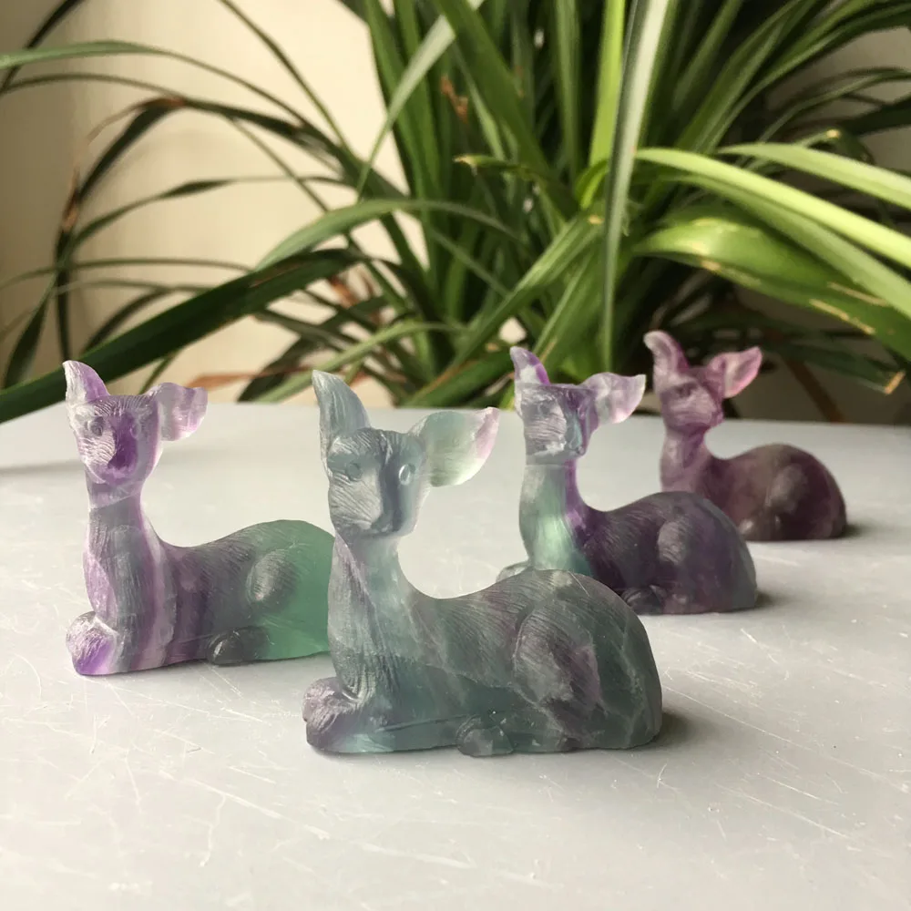 

10pcs Natural quartz crystal Hand Carved Rainbow realistic Fluorite Stone Deer
