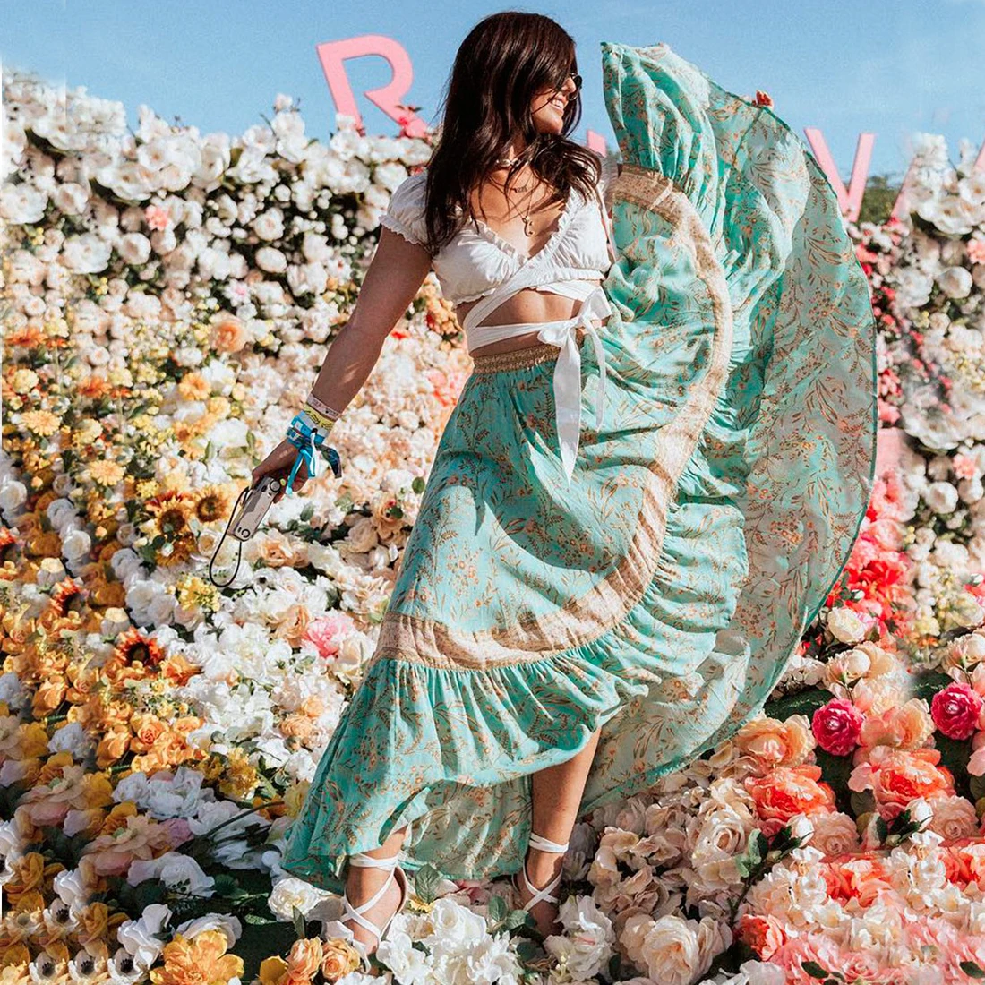 

KHALEE YOSE Summer Hippie Skirts Floral Green Skirt Elastic Waist Irregular High-low Hem Boho Chic Gypsy Beach Women Skirts 2019