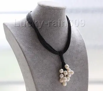 

Genuine 16" 15row 14mm white pearls Black leather Pendant necklace e2293