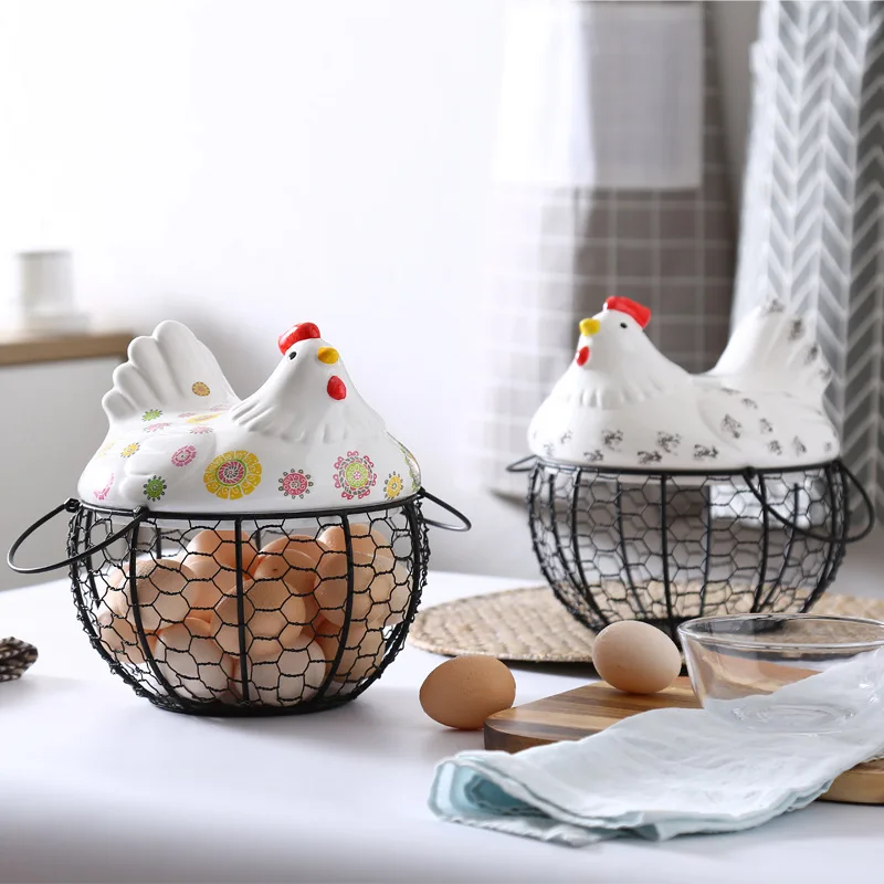 Egg Basket Hen Ceramic Cover Wrought Iron Storage Basket Kitchen