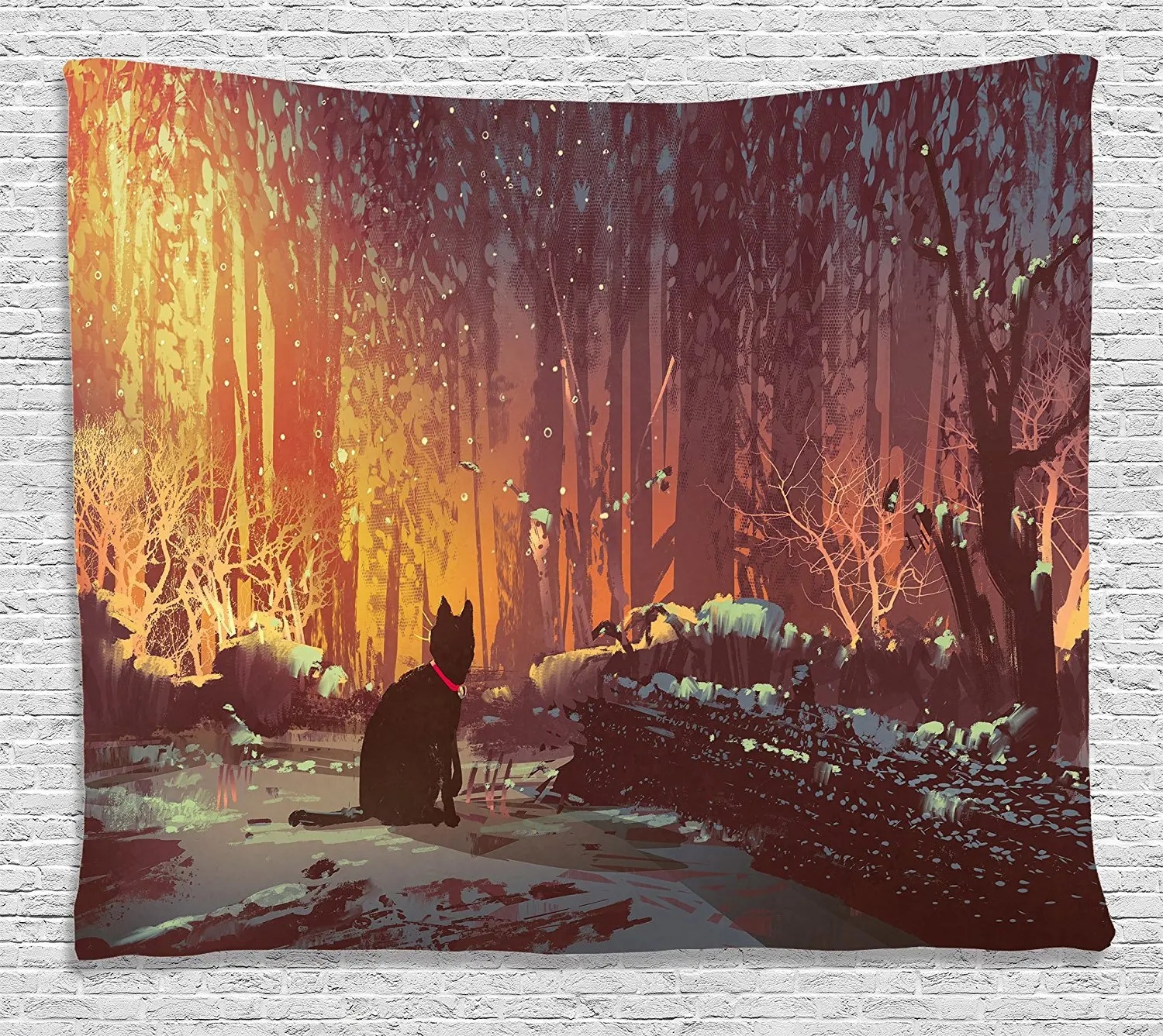 Фантастическое искусство декоративный гобелен Surreal Lost Черный кот темно в лесу с