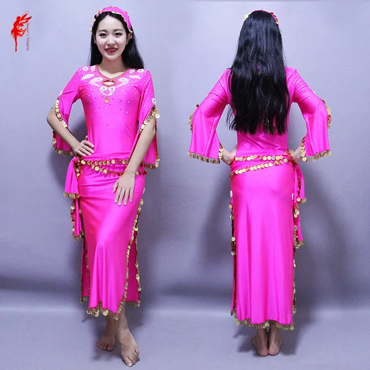 

Professional belly dance costumes luxury belly dance dress 3pcs set dress/hip scarf/headwear ballroom dance suit