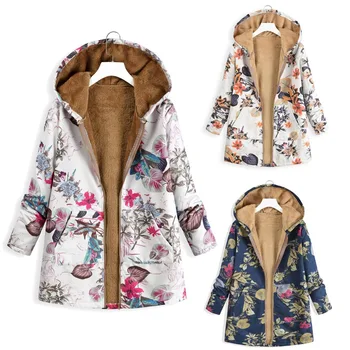 

Hooded Coat Cotton Winter Jackets Women Outwear Fleece Fur Warm Outwears Floral Print Thichen Pockets Overcoat Casaco Feminino