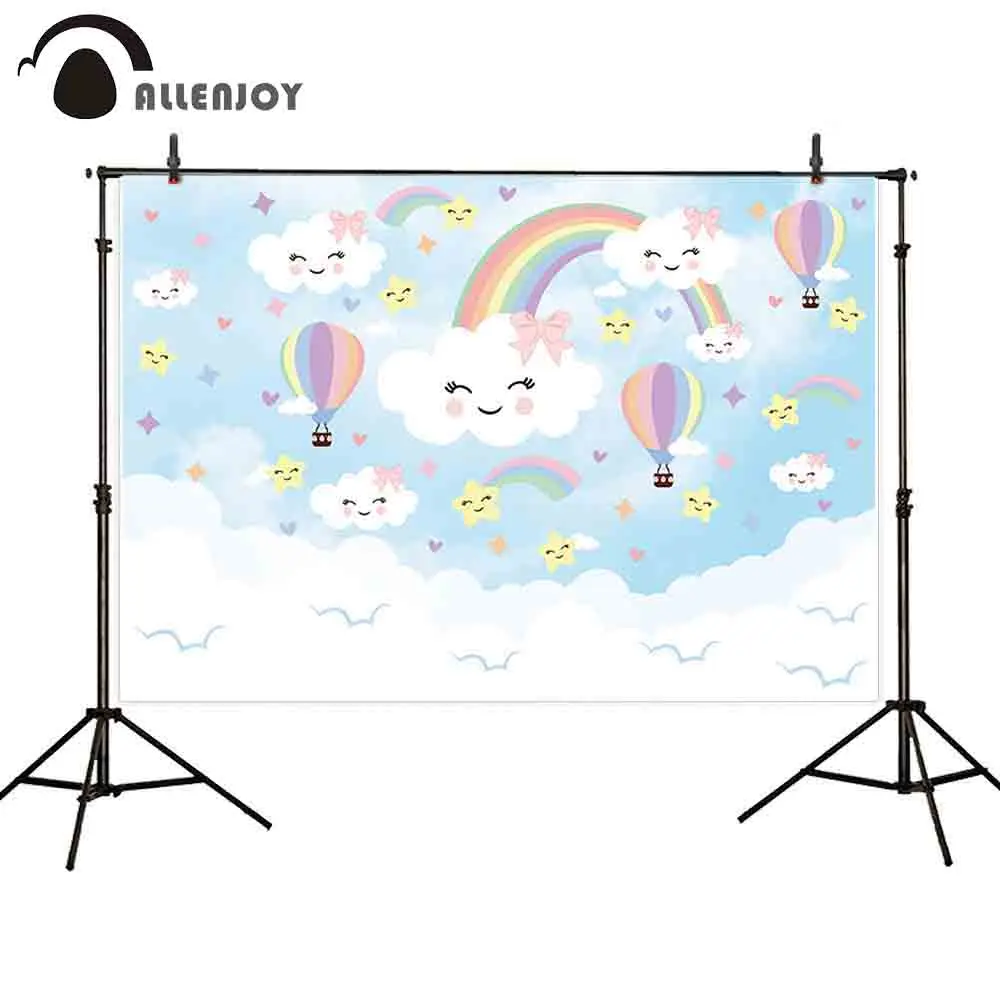 

Allenjoy children theme photographic backdrop cartoon cute smile rainbow hot air balloon sweet heart birthday photo background