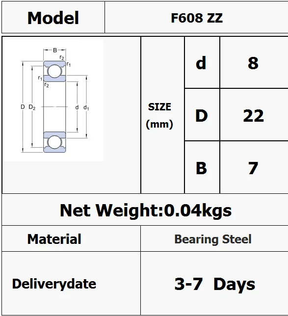 F608ZZ abec-1 (10 шт.) 8x22x7 мм фланцевый шаровой Подшипники