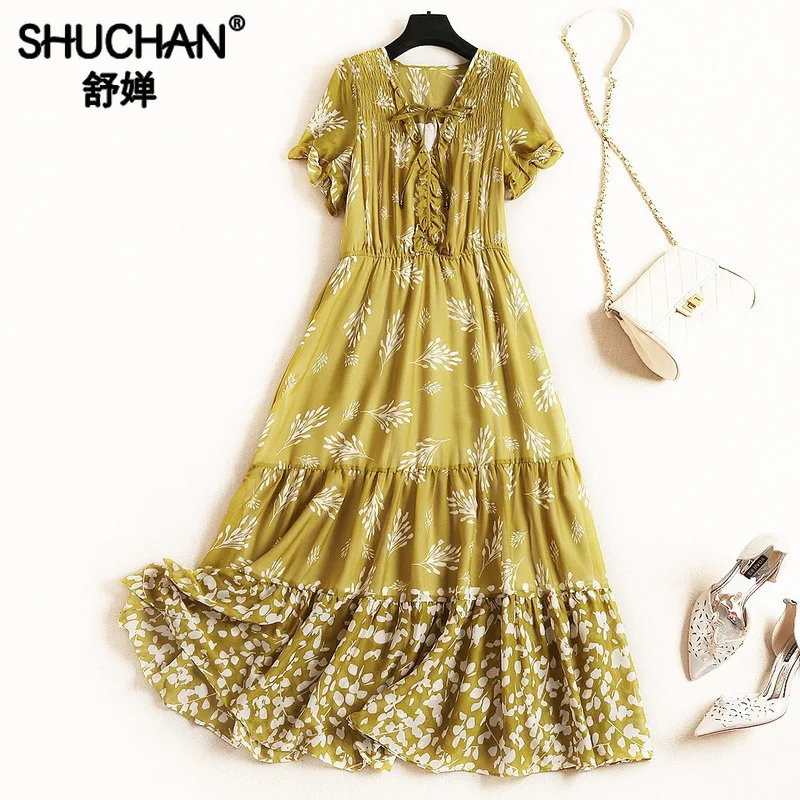 

Shuchan Bohemian Medium Length Chiffon Dress V-Neck Print Summer Sundresses and Dresses 2019 Vestidos Largos De Verano 11811