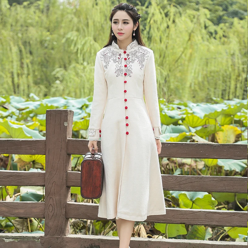 2016 Winter Women Coat Vintage Retro Single Breasted Mandarin Collar Woolen Outerwear Coat