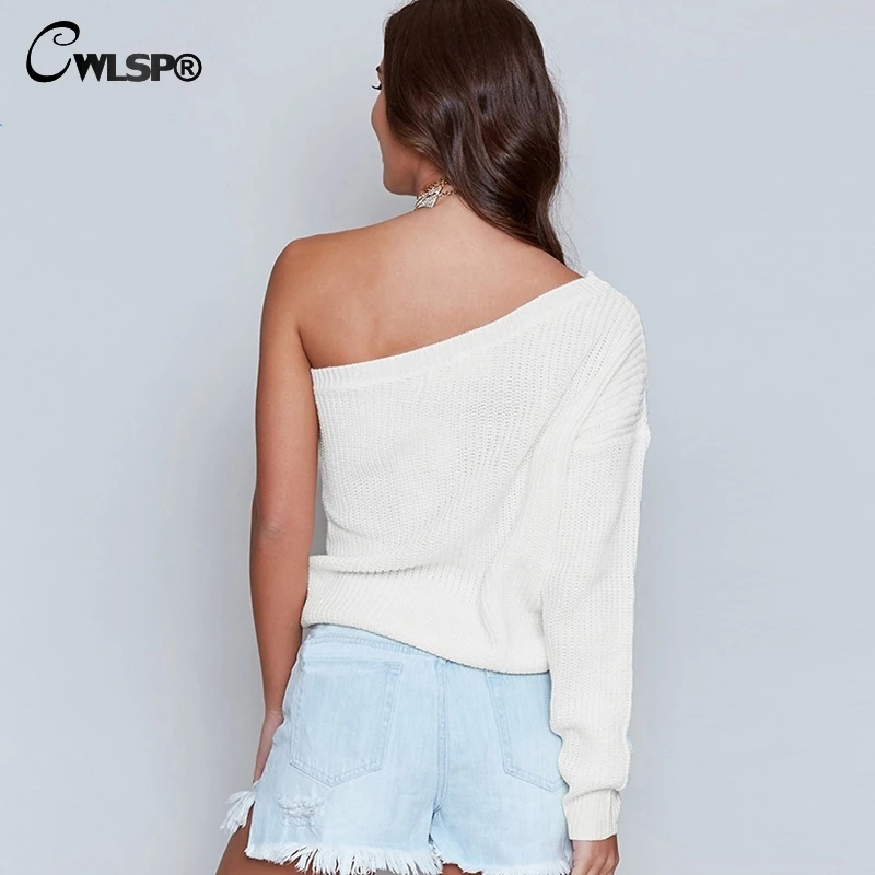 CWLSP 2018 Fashion Autumn Sweater For Women One Shoulder Pullover Knitted Long Sleeve Female Tops Winter Woman Clothes QZ3059