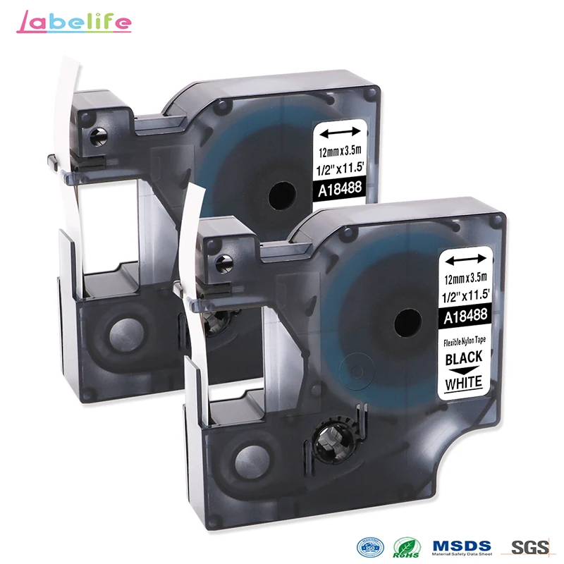 Labelife 2 упаковки 18488 Rhino 12 мм гибкие нейлоновые бирки S0718100 черный на белом для DYMO