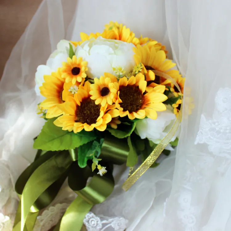 Желтые Подсолнухи белый пион Buquet de noiva букеты для брошь невесты свадебные вне Свадебный искусственные цветы для свадьбы