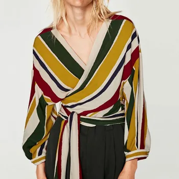 

Retro Deep V-Neck Pleated Striped Shirts Casual Lace Up Blouses Long Lantern Sleeved Cardigan 2018 Tops Blusas with Belt