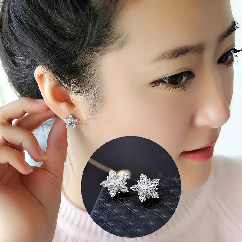 

SINLEERY Brilliant Snowflake Flower Crystal Stud Earrings For Women Bridal Wedding Party Jewelry ES110 SSH