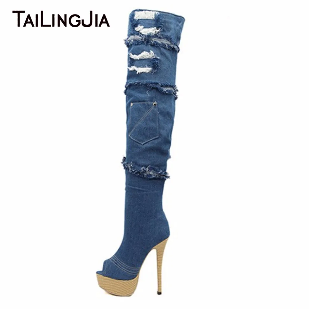 

New Fashion Denim Fabric Peep Toe Woman Blue Over Knee Boots With Platform Woman Boots Extremely High Heel Ladies Long Boots