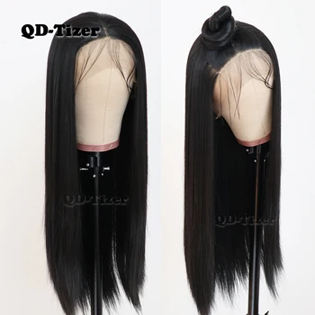 QD-Tizer Black Color Long Silky Straight Hair Lace Front Wig Gluless Heat Resistant Synthetic Lace Front Wig for Black Women 3