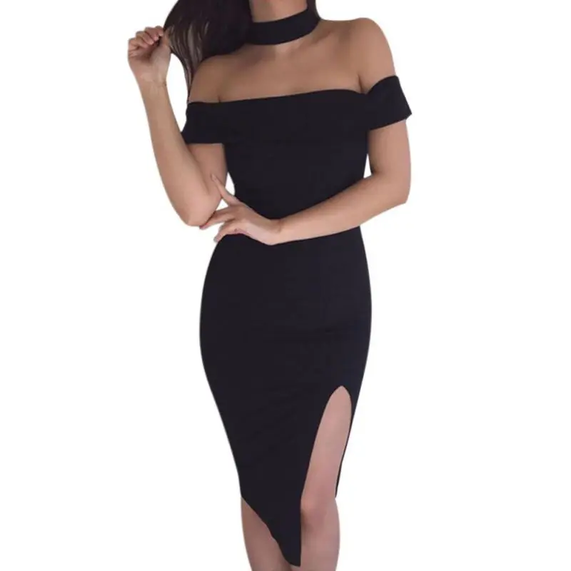 Women Clothing Slash Neck Sleeveless Vintage Dress Backless Halter Side Open Fork Elegant Party Dresses Vestidos for Female