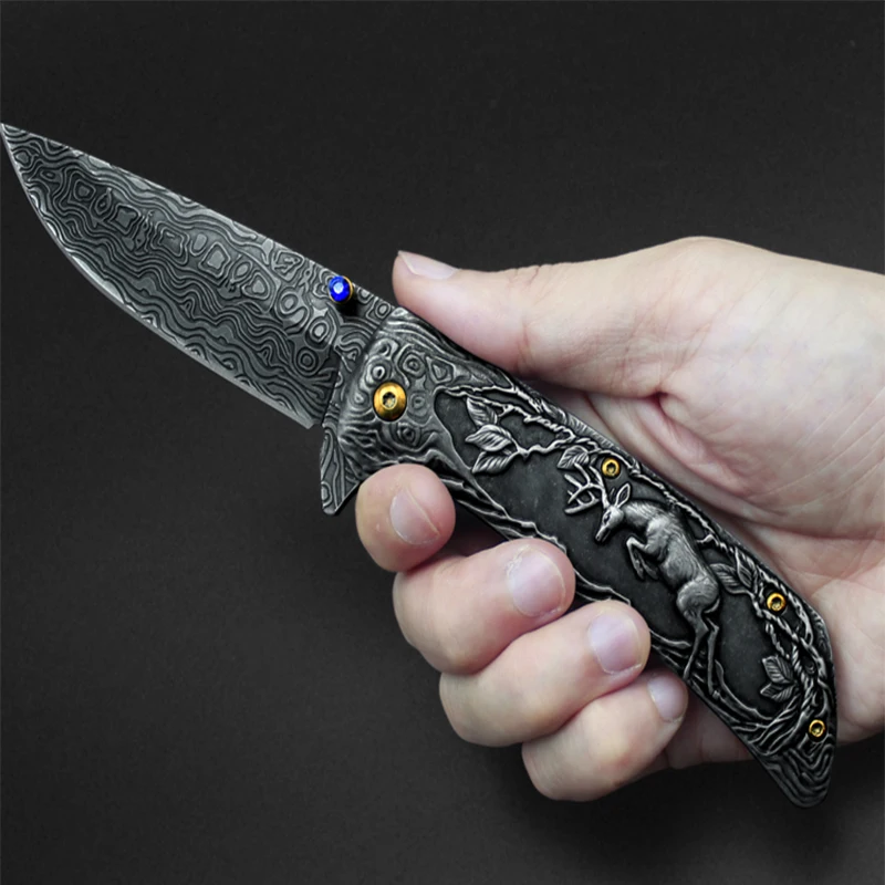 

Top Quality 3D Deer folding knives Damascus pattern pocket Survival EDC tool Tactical outdoor Camping knife collection gifts