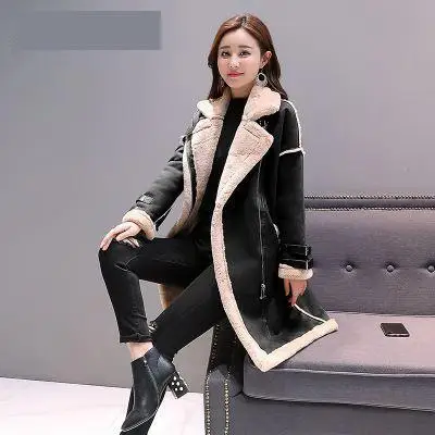 

2019 Women lambs wool coat female medium long thick warm shearling coats suede leather Jackets autumn winter female outerwear