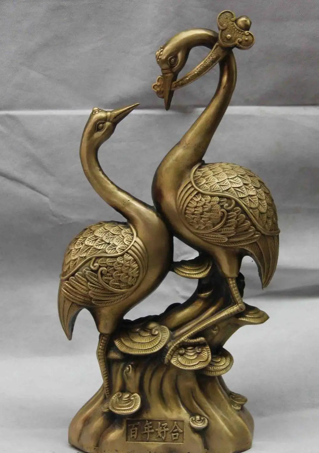 

China Palace Copper Bronze Fengshui Lucky Red-crowned crane Ruyi Statue Pair