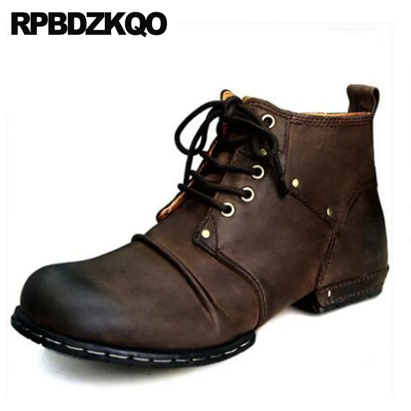

Ankle High Top Autumn Booties Work Vintage Short Full Grain Leather Boots Combat Military Safety Brown Lace Up Army Men Shoes