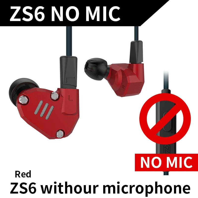 Red without mic KZ ZS6 2DD 2BA 8 драйвера гибридные наушники в ухо HIFI стерео Спортивная гарнитура HIFI монитор DJ бег спортивные наушники гарнитура - Цвет: Red without mic