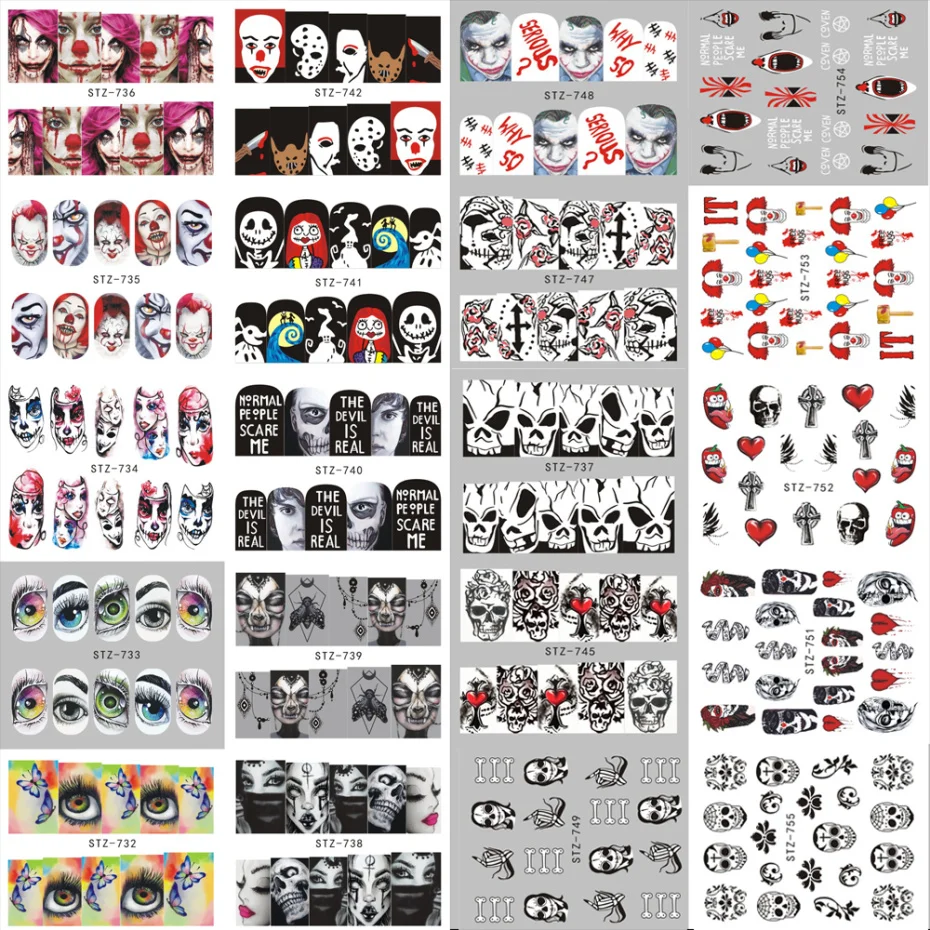 25 дизайнов Хэллоуин Водные Переводные наборы наклеек Череп Клоун зомби татуировки обертывания для украшения ногтей маникюр LASTZ731-755