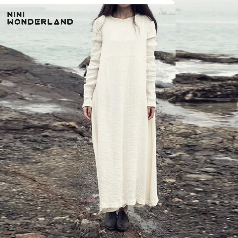 Платье NINI WONDERLAND женское длинное свободное хлопково льняное однотонное платье с