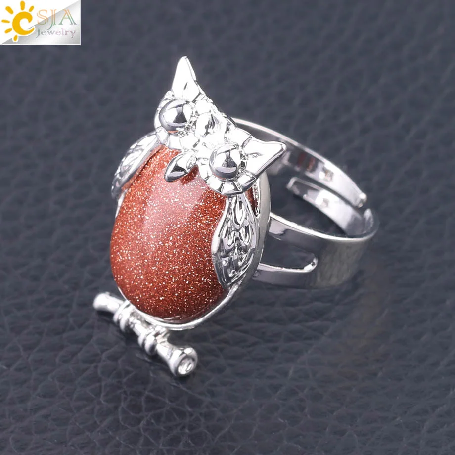 CSJA милая сова женское кольцо на палец натуральный камень бусина кабошон Регулируемые кольца серебряный цвет милые животные очаровательные вечерние ювелирные изделия F566 - Цвет основного камня: Brown Sand