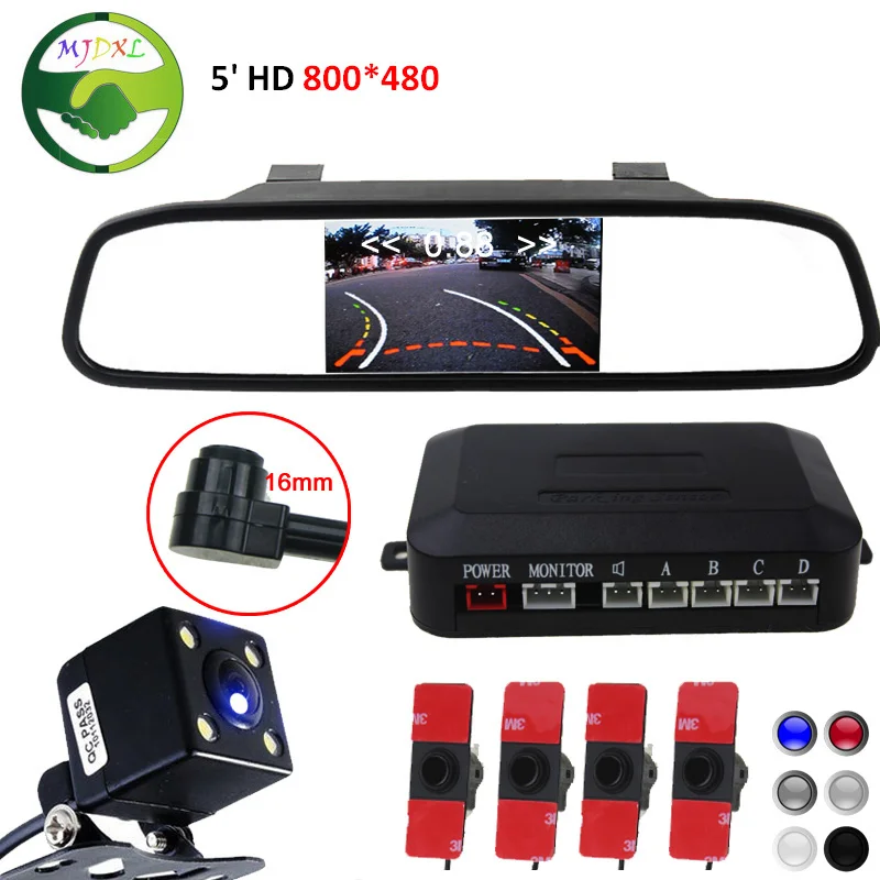 

16MM Original Flat Sensors Car Video Parking Sensor with Intelligent Trajectory Rear View Camera + HD 5" Car Mirror Monitor